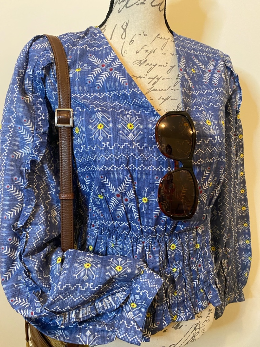 Anthropologie Blue Floral-Print Peplum Top with Yellow Accents